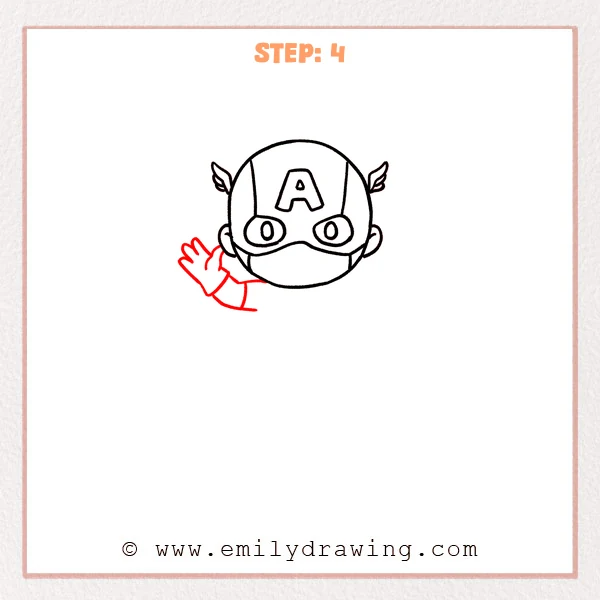 how to draw a captain america - Captain America head with small helmet wings and a raised gloved hand and forearm waving from the lower left.